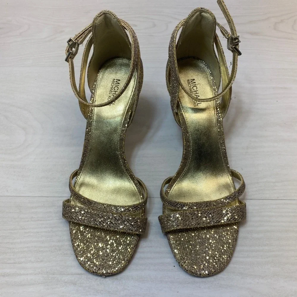 Michael Kors Womens 7M Sandal Heel Glitter Gold Wedding Evening Ankle Strap